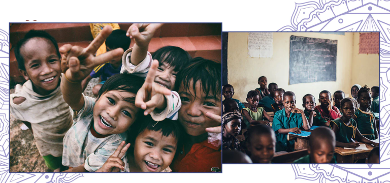 Children and a classroom from the Karma Items brand story