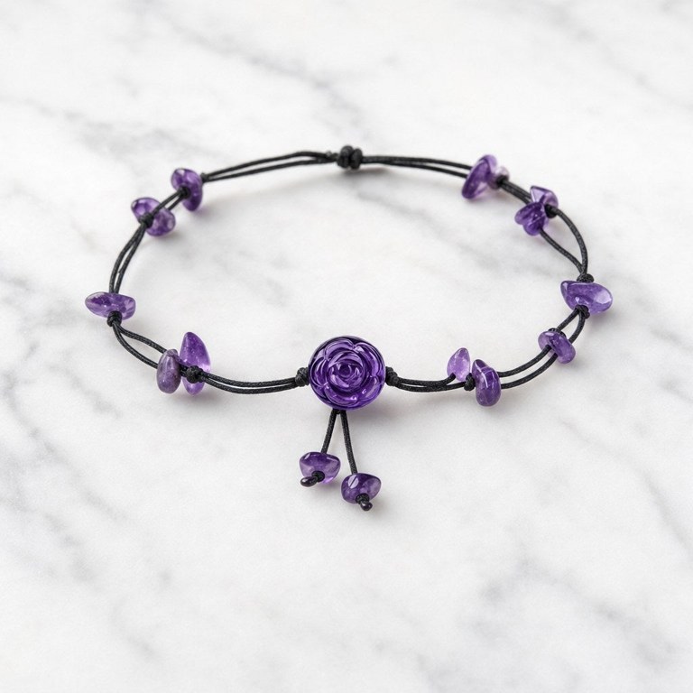 Amethyst chip anklet with carved purple rose and adjustable black cord