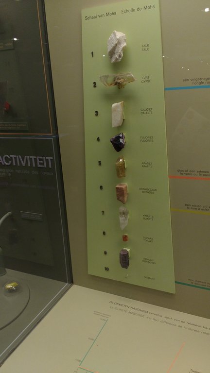 Museum display of minerals arranged on the Mohs hardness scale.