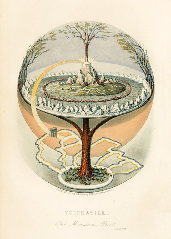 Full-page 1847 illustration of Yggdrasil, with spreading branches, roots and surrounding mythic figures.