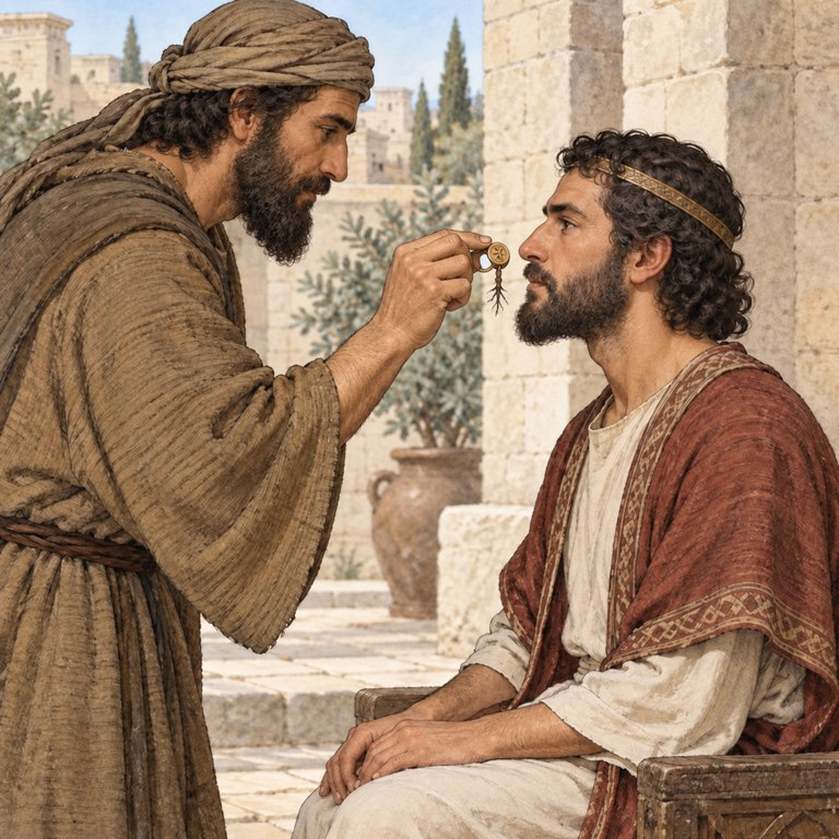 Illustrated Eleazar holding a small ring just beneath a seated man’s nose