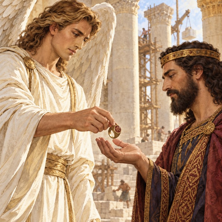 Illustrated archangel Michael handing King Solomon a stone-set ring bearing a five-pointed star