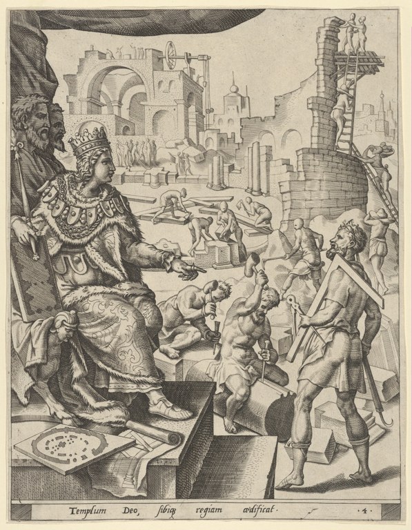 Solomon and builders at the construction of the Temple in a sixteenth-century engraving