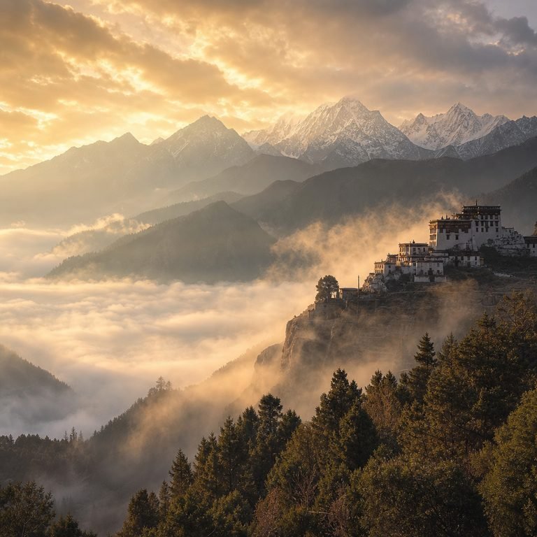 A white monastery on a cliff above a sea of cloud at sunrise in the Himalayas