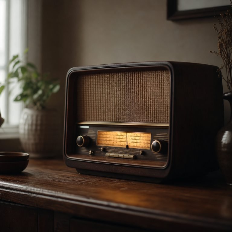 A vintage wooden radio with a lit dial on a dark table by a window