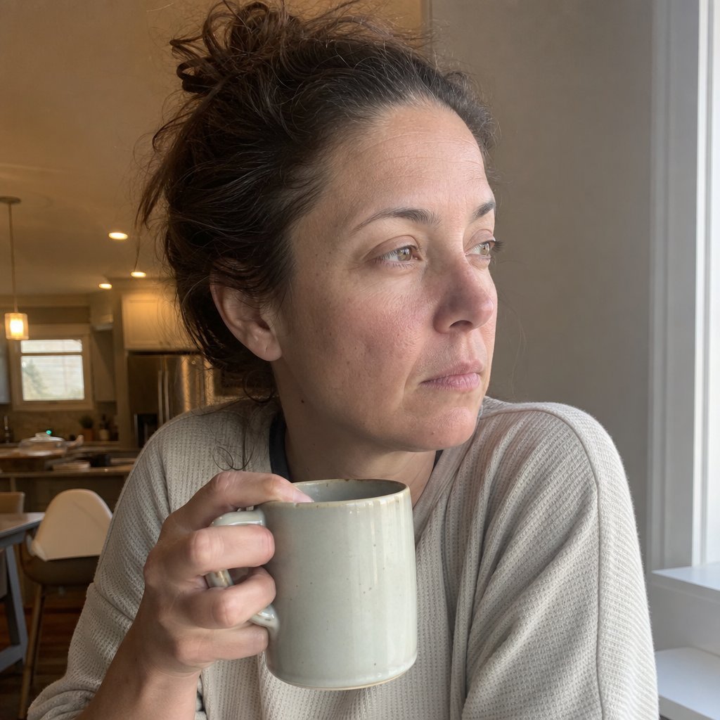 A woman at a kitchen counter holding a mug and looking toward the window