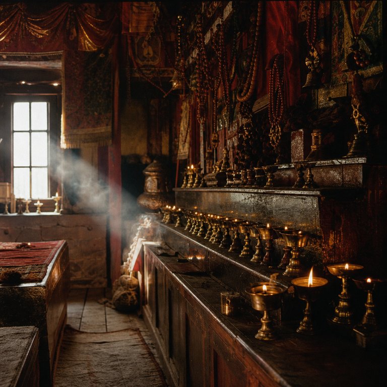 Butter lamps and hanging prayer beads in a quiet hall