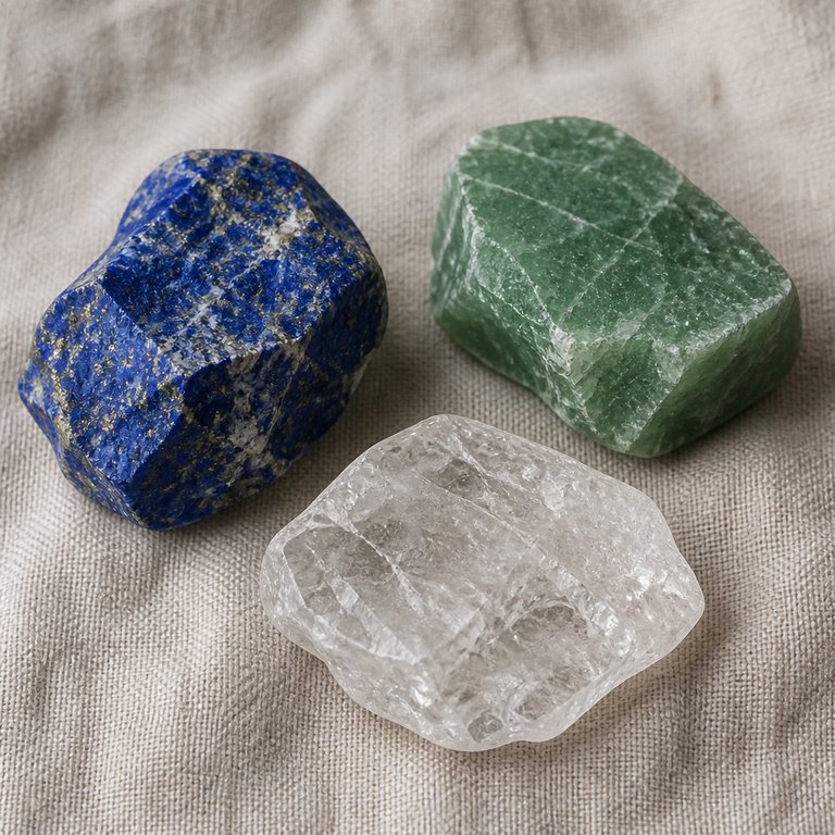 Loose blue, green, and clear mineral specimens on linen