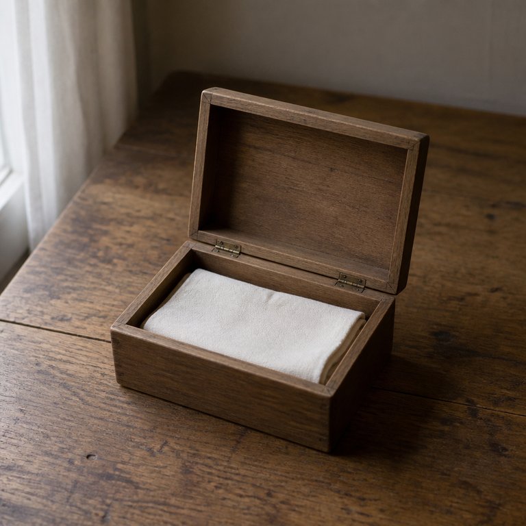 An open wooden keepsake box with a folded cloth