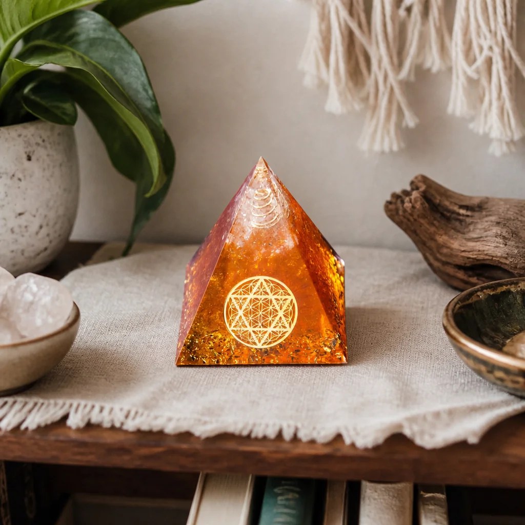 Citrine orgonite pyramid resting on linen in soft window light