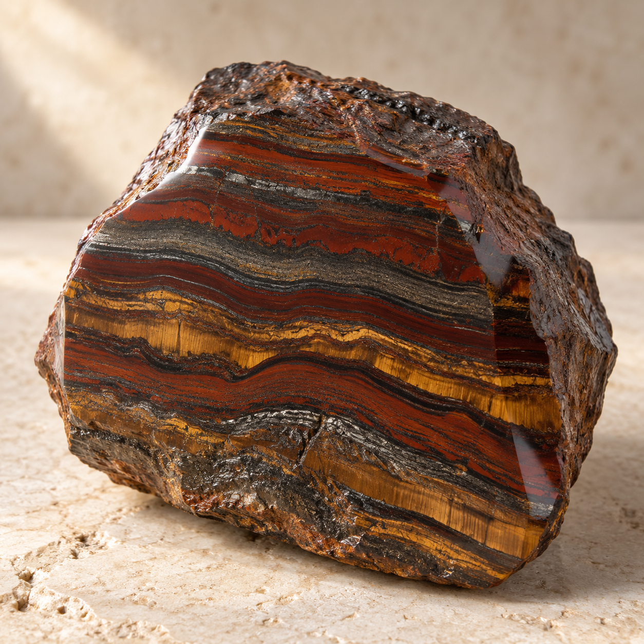 Tiger iron stone with a polished face and natural outer edges