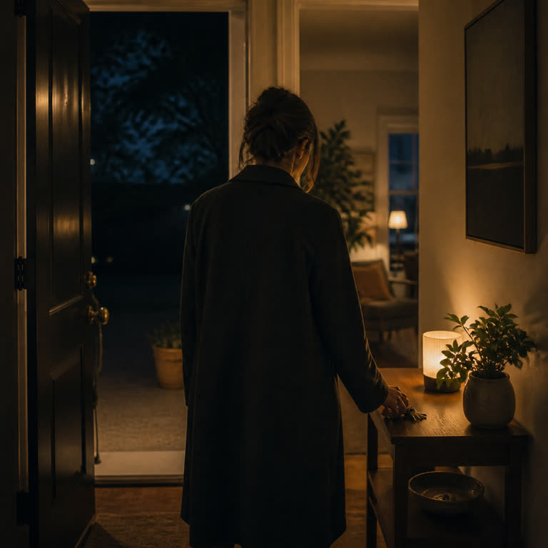 A woman arriving home to a warm, quiet entryway at night