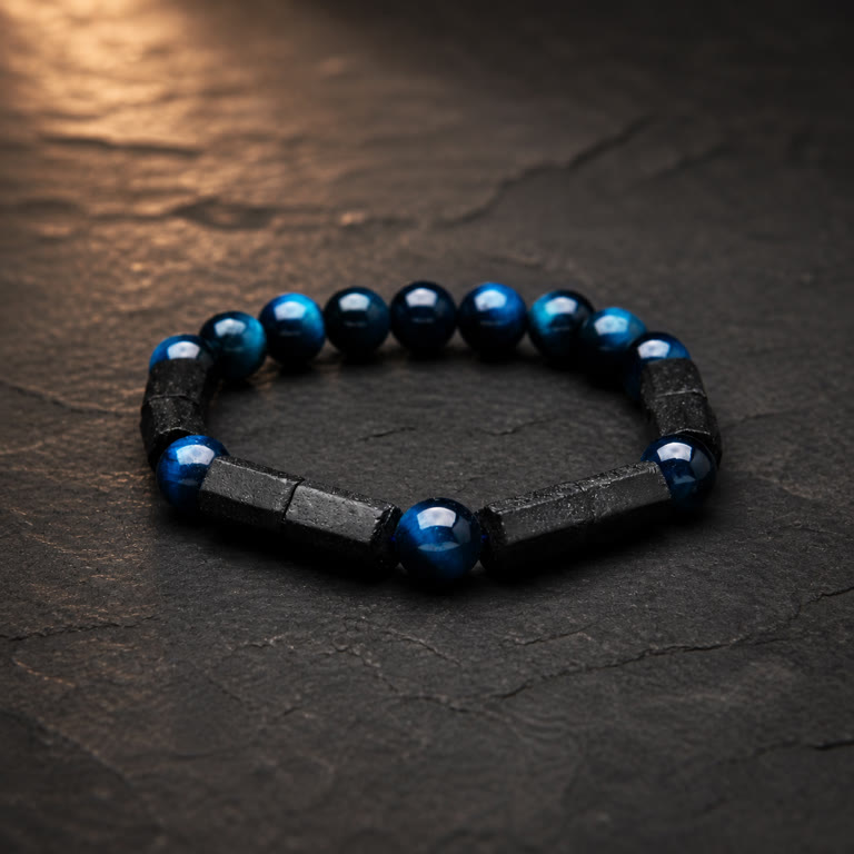 The complete Blue Tiger's Eye Aura Protection Bracelet on dark slate